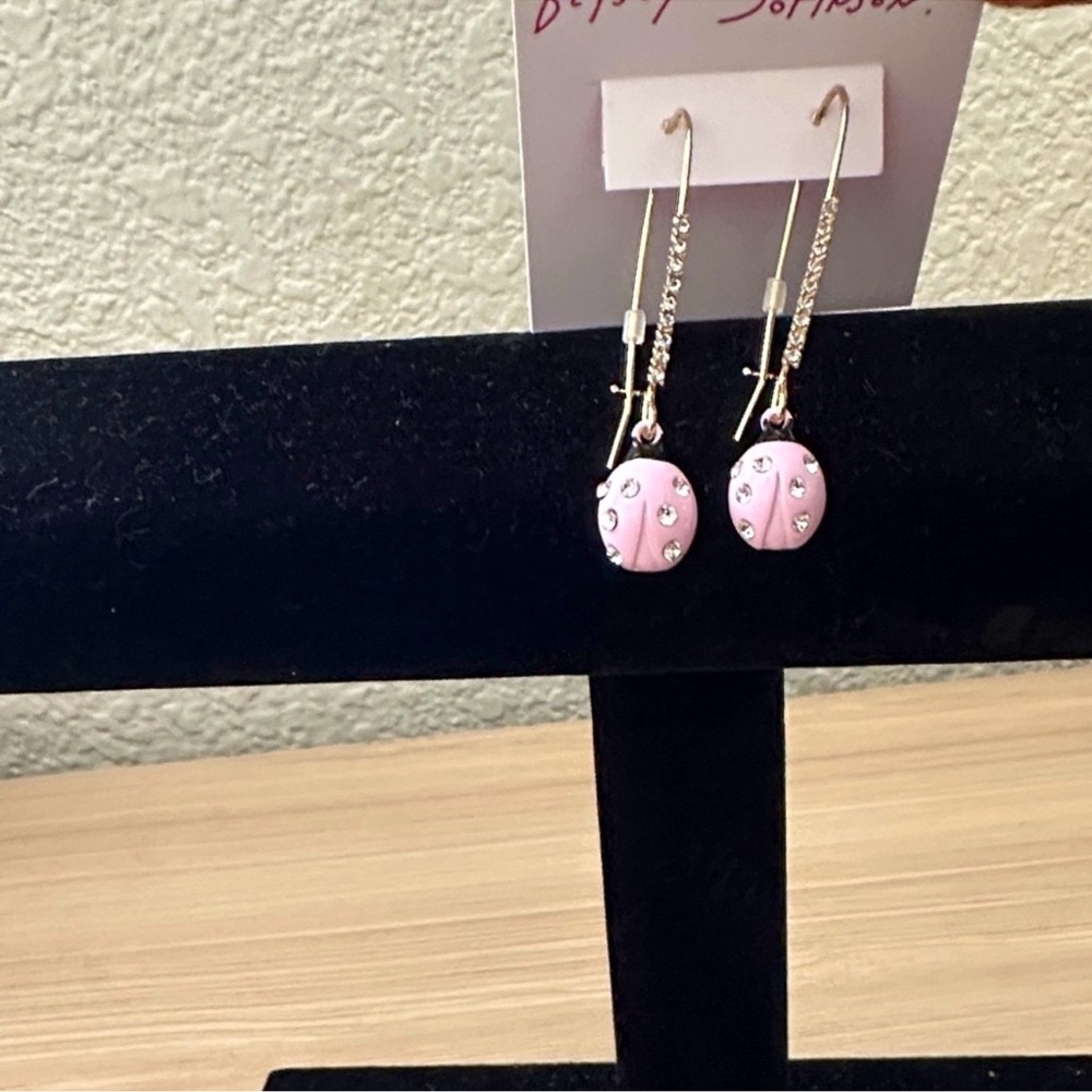 Betsey Johnson Pink Ladybug Earrings with Crystals - Picture 4 of 4